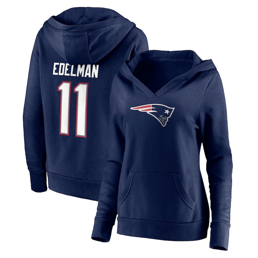 Women New England Patriots #11 Julian Edelman Fanatics Branded Navy Player Icon Name & Number Pullover Hoodie